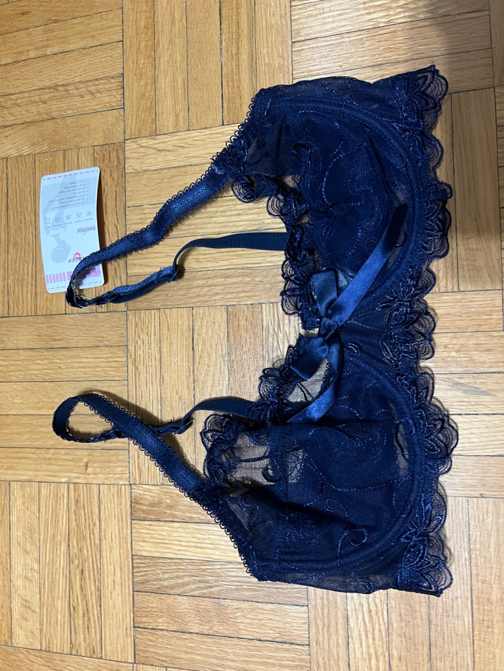 Sheer Navy Lace Bralette with Satin Bow Accent
